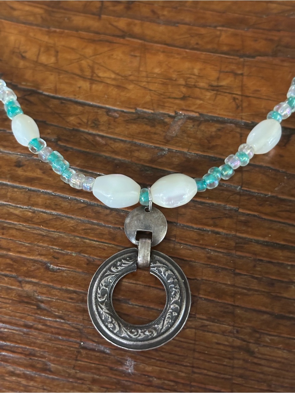 Handcrafted White and Teal Beaded Necklace with Silver Pendant